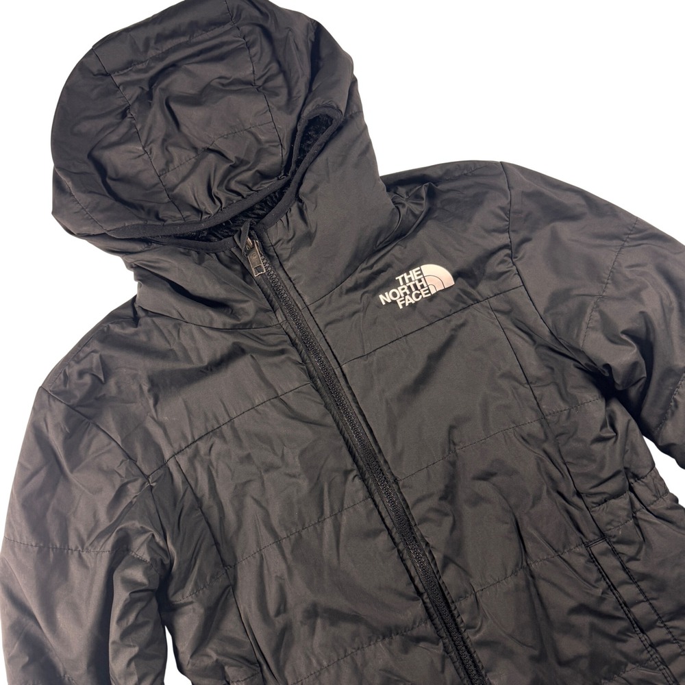 The North Face Reversible Puffer Sherpa Jacket Girls M 10 Black Hooded 2-in-1